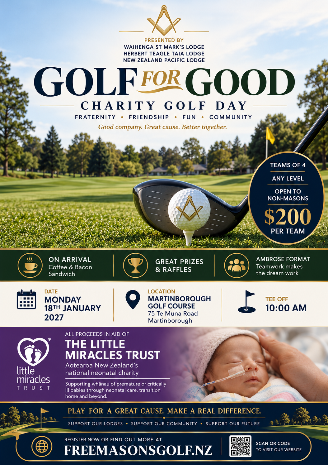 Golf for Good charity golf day artwork: gold Square and Compasses above the title, a golf club and ball on the fairway. Presented by the three organising lodges.